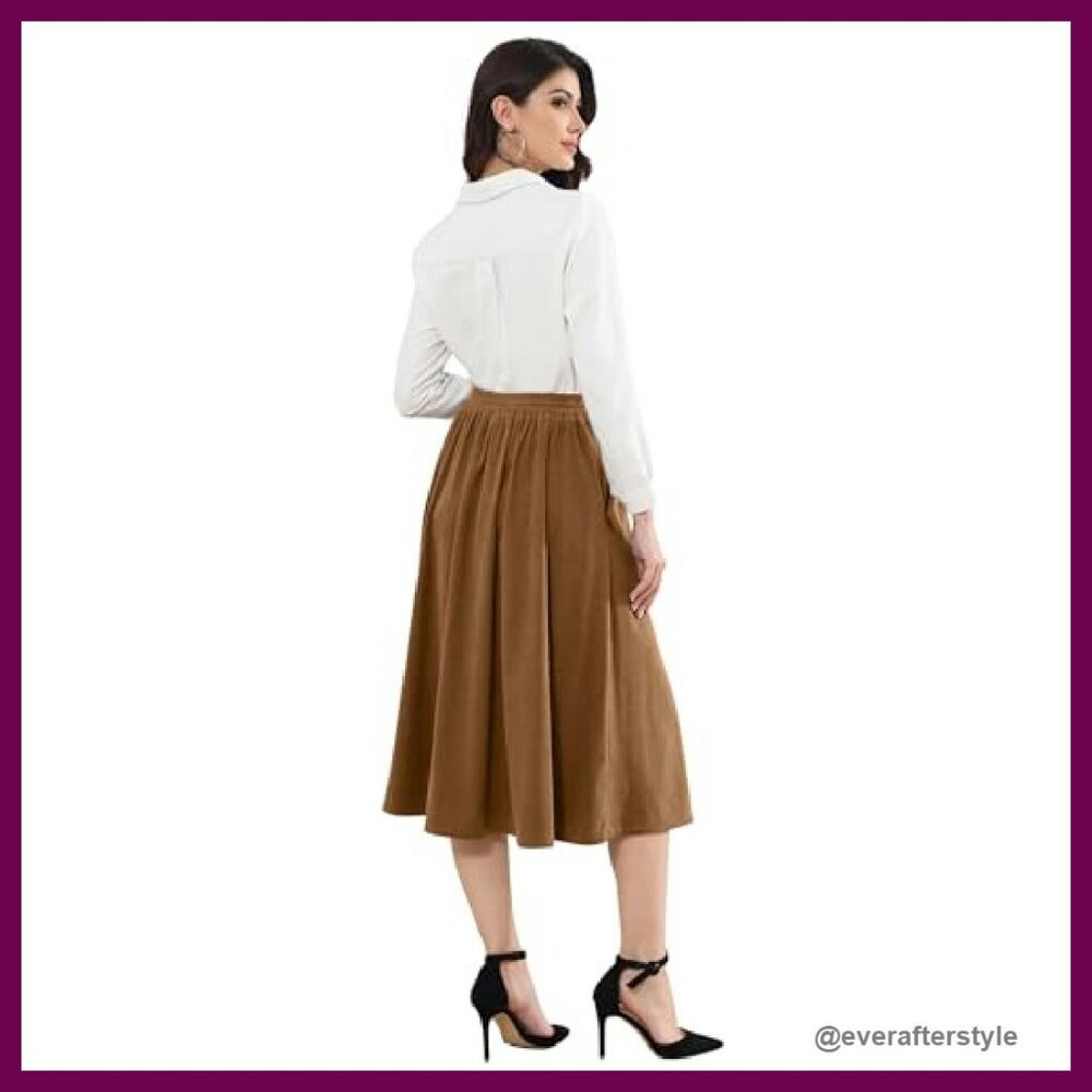Vintage Corduroy Skirt High Waist Pleated A-Line Midi with Pockets Fall Winter - Picture 5 of 8
